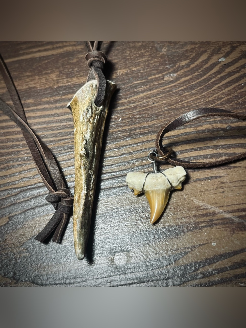 Deer antler and shark tooth necklaces with leather cord